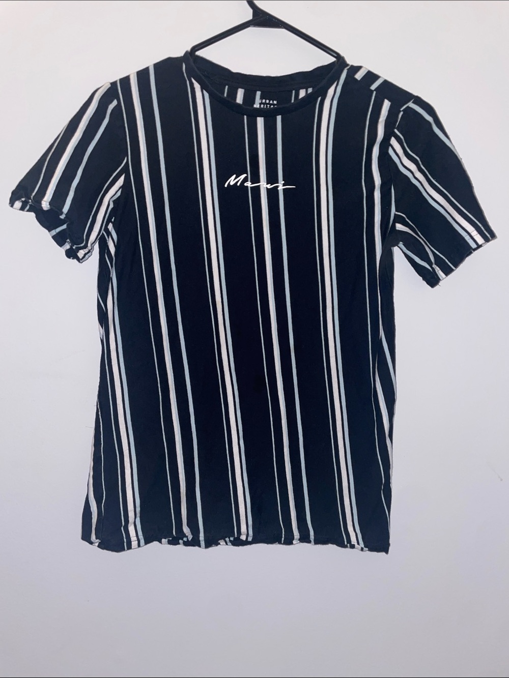 Boys Urban Heritage Black Tee with White Vertical Stripes and Chest Script
